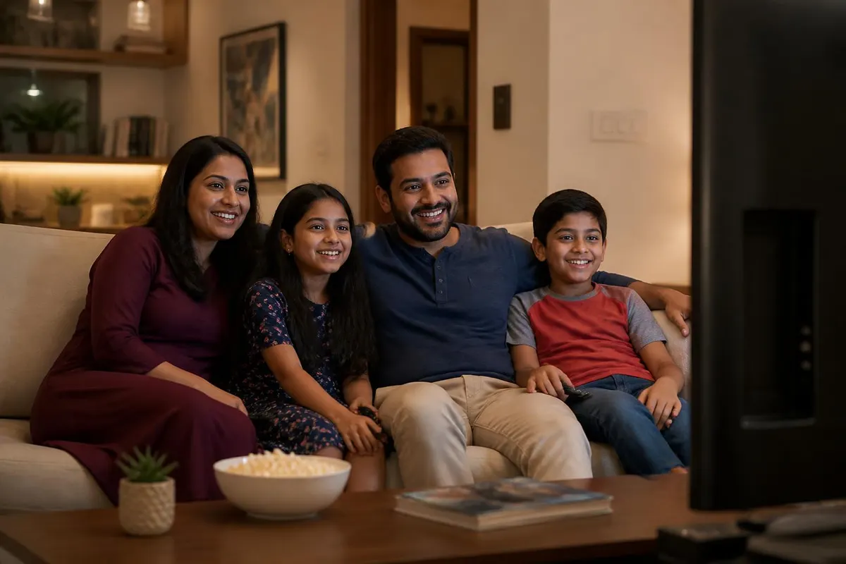 Family enjoying Tata Play DTH entertainment at home